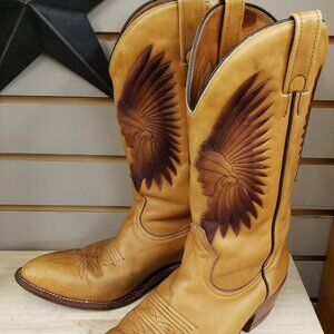 Men's Western Cowboy Native Chief Headdress Design Boots 9.5 Boulet Tan Cognac